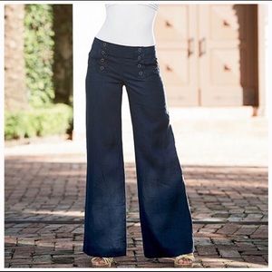 VENUS Wide Leg Navy Linen Sailor Pants PETITE